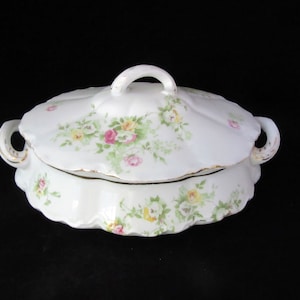 Antique L S & S Large Covered Veggie Bowl with Pink and Yellow Roses, Gorgeous