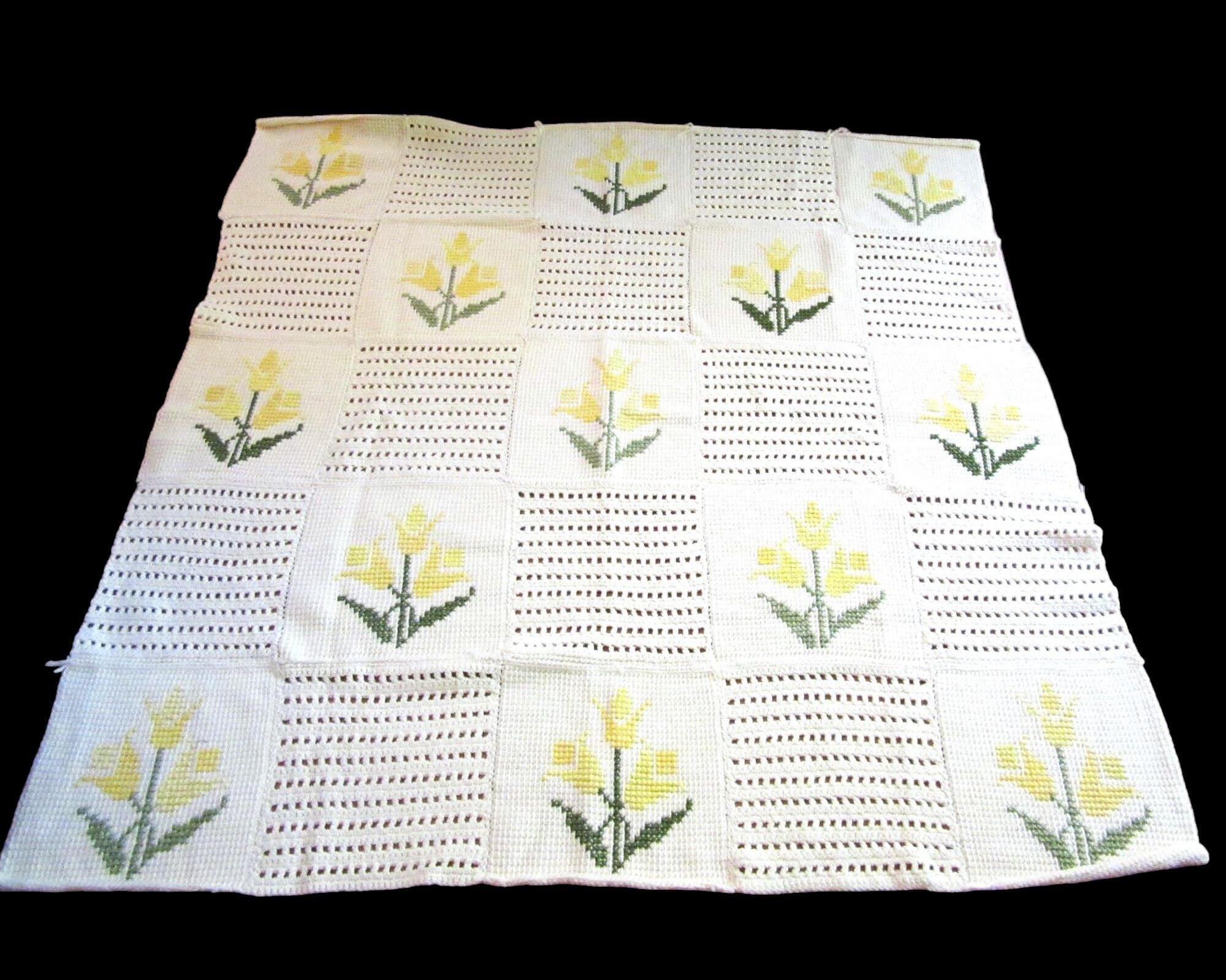 Vintage Handmade Pale Yellow w Yellow Flowers Throw or Blanket 50" X 51"