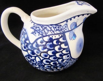 Vintage 2001 Diane "Come Dream with Me" Kissing Fish, Blue & W, Large Pitcher