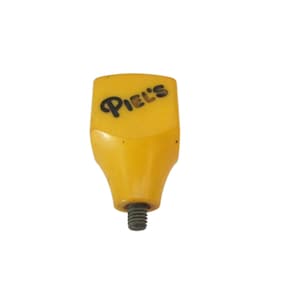 May include: A yellow, vintage-style knob with the word "Piel's" in black script. The knob has a threaded metal base. The top is rectangular and tapers to a conical shape.