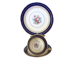 Vintage Aynsley Cobalt Blue Floral Bone China Tea Cup, Saucer & Plate