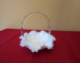 Vintage Fenton Silver Crest White Milk Glass Basket with Clear Handle