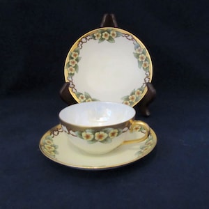 Antique J&C Ovid Bavaria Hand Painted Trio Cup, Saucer and Plate, Yellow Flowers