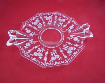 Vintage Fostoria Midnight Rose Etched Glass Handled Serving Tray