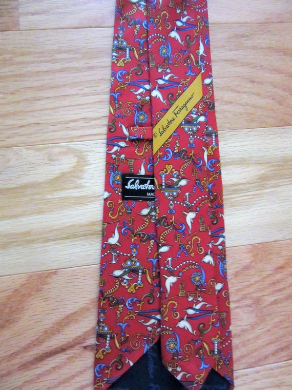 Vintage Salvatore Ferragamo Silk Tie, Red w White… - image 6