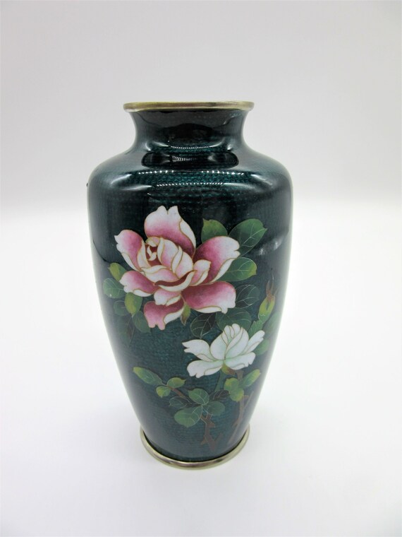 Vintage Sato Cloisonne Japan Greeen Vase With Pink and White Vintage Sato Cloisonne Japan Greeen Vase With Pink and White