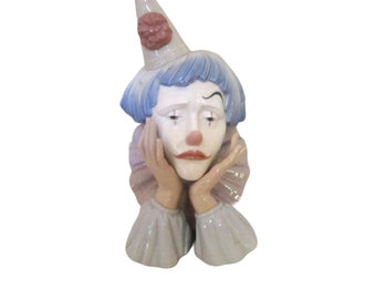 Vintage High Gloss Porcelain Lladro Clown Jester Pierrot  Bust, Spain