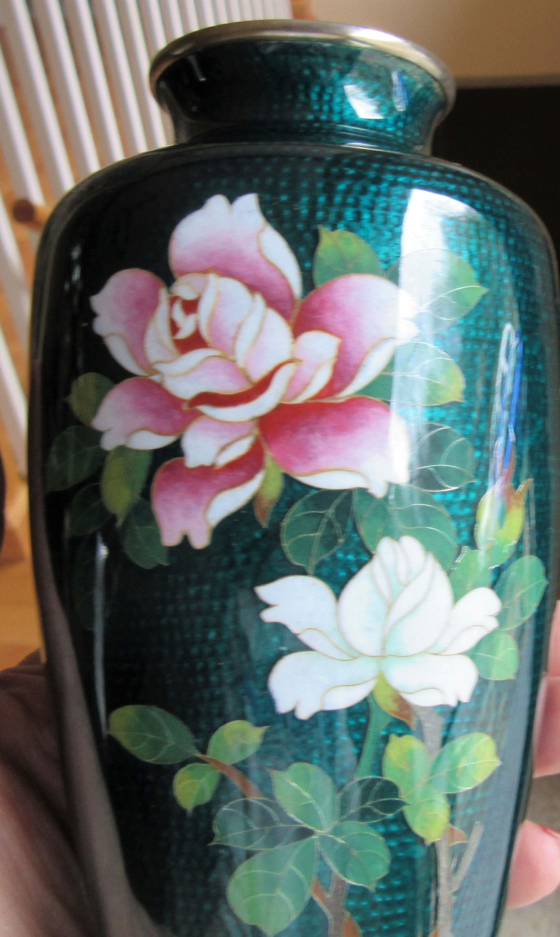 Vintage Sato Cloisonne Japan Greeen Vase With Pink and White Vintage Sato Cloisonne Japan Greeen Vase With Pink and White