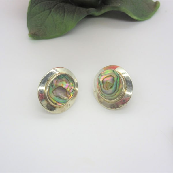 Vintage Small 925 Sterling Silver Button Style Stud Earrings for Pierced Ears w Abalone Shell