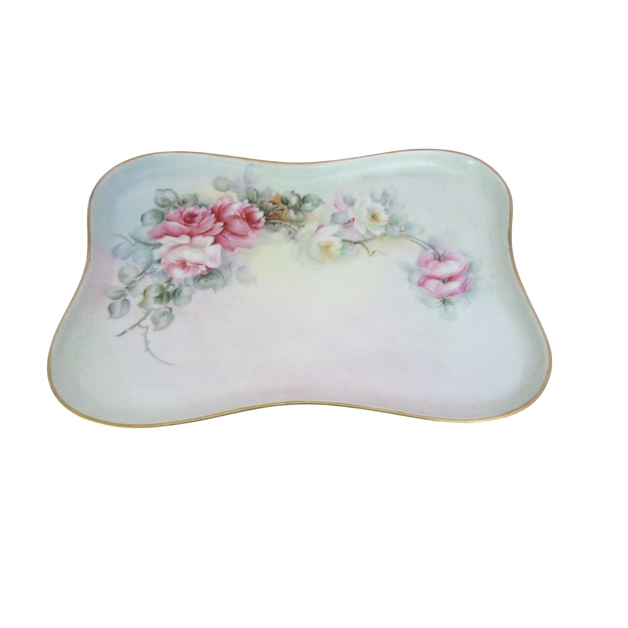 Antique 1900s P.P. La Seynie Limoges France Pink Roses Vanity Tray