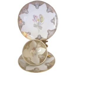 Vintage Bavaria Tea Cup, Saucer & Plate, Cream w/Gold Design, Pink Roses