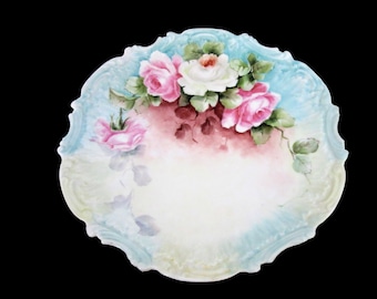 Gorgeous Antique 1890s Coiffe Limoges France Hand Painted Charger or Decorative Plate with Pink Roses