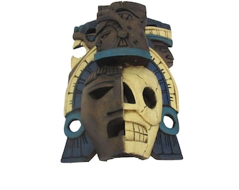 Masque mural vintage aztèque dualité maya en bois sculpté et peint à la main