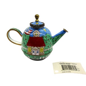 Kelvin Chen Schoolhouse Hinged Enameled Miniature Teapot Trinket Box, No 180