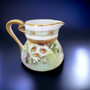 Antique 1900s Paul Straub Importer, Vienna Austria Greens with Hand Painted Daisies Small Pitcher