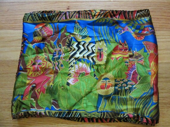 Vintage Laurel Burch Silk Scarf with Cats and Bir… - image 5