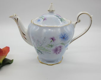 Vintage Bone China Royal Standard 4 Cup Teapot with Floral, Holly and Berries Design on Pale Blue and White