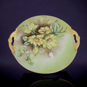 Vintage Hand Painted Cake Plate w Pale Green and Yellow Daisies? Heavy Gold