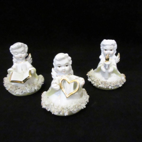 3 Adorable Blume Japan Girl Angel Figurines, Spaghetti Design, Yellow and White