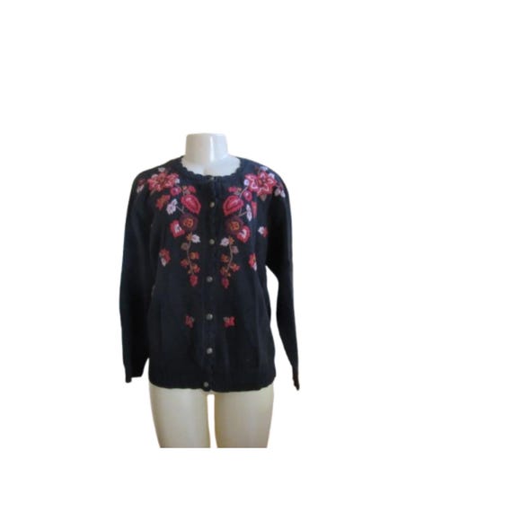 Vintage Orvis Black Knitted Floral Embroidered Cardigan Large