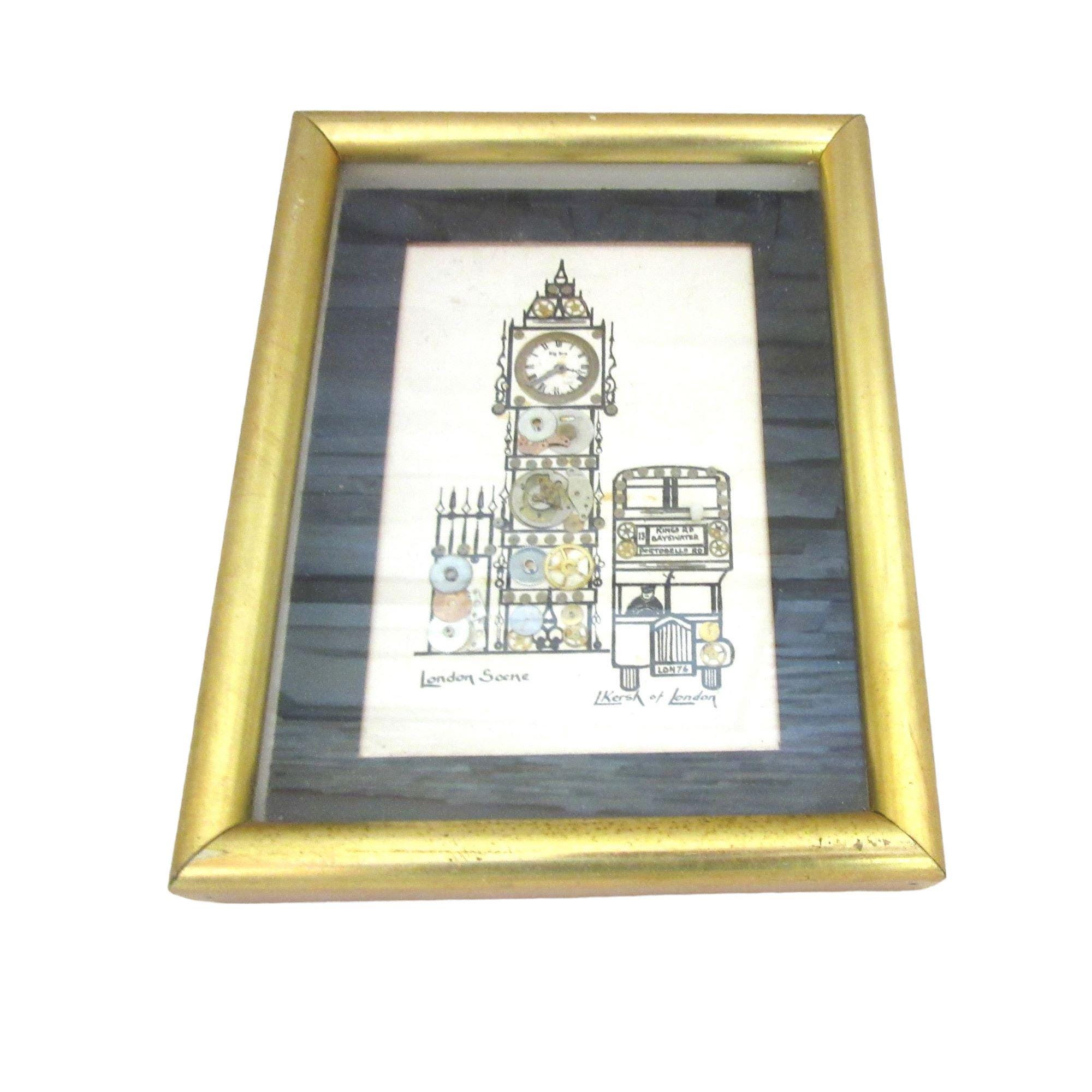 1975 Horological Collage by L. KERSH London Scene Signed in Frame