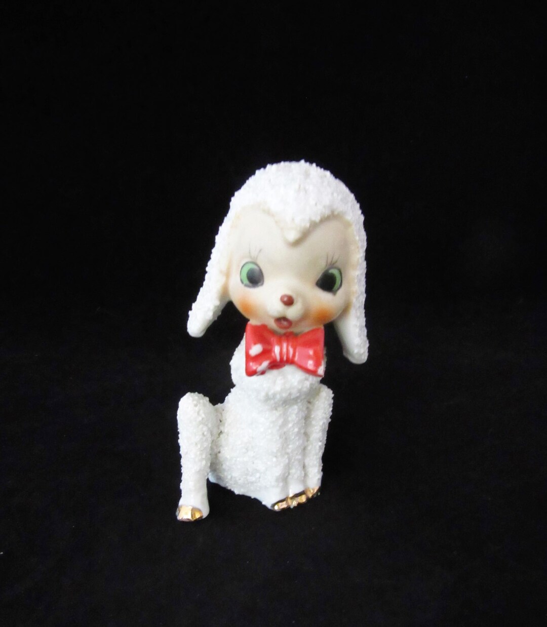 Vintage 50s Japan Sugar Textured White Lamb W Red Bow, Big Green Eyes