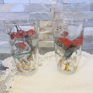 Set of 2 Vintage Hazel Atlas Pheasant Hunting Scene High Ball Tumbler Glasses