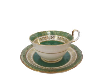 vintage Aynsley Tea Cup & Saucer, Vert et Blanc w Feuilles d’Or, Ensemble élégant