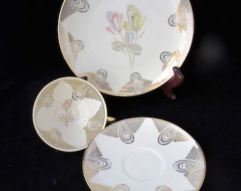 Vintage Bavaria Tea Cup, Saucer & Plate, Cream w/Gold Design, Pink Roses