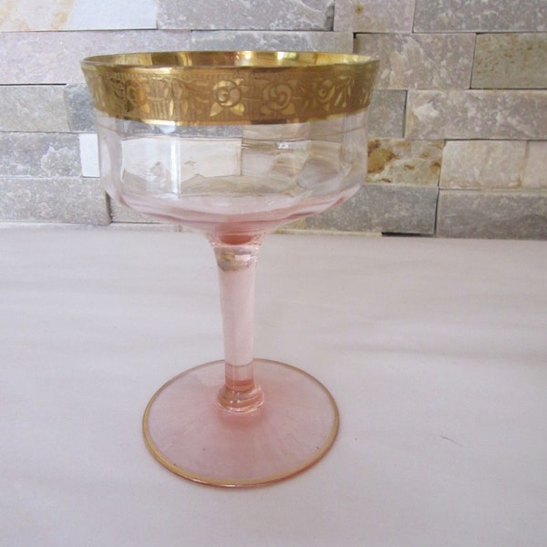 Vintage Tiffin Franciscan Rambler Rose Pink Champagne Glass w Gold Roses