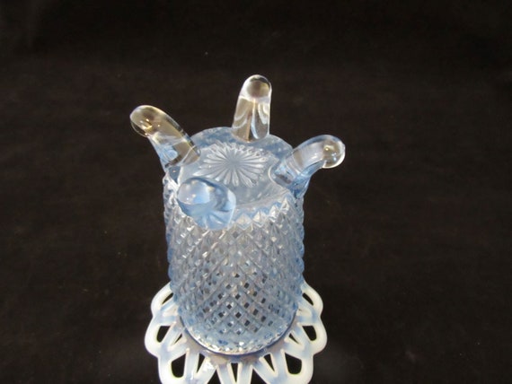 Vintage Imperial Glass Blue Opalescent Vase: Open Weave Footed