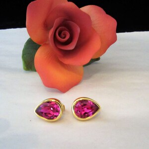 Fuchsia Swarovski Crystal Clip On Earrings, Gold Tone