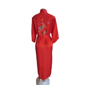 Vintage Embroidered Rayon Kimono Robe: Red Roses & Birds, Hangzhou China
