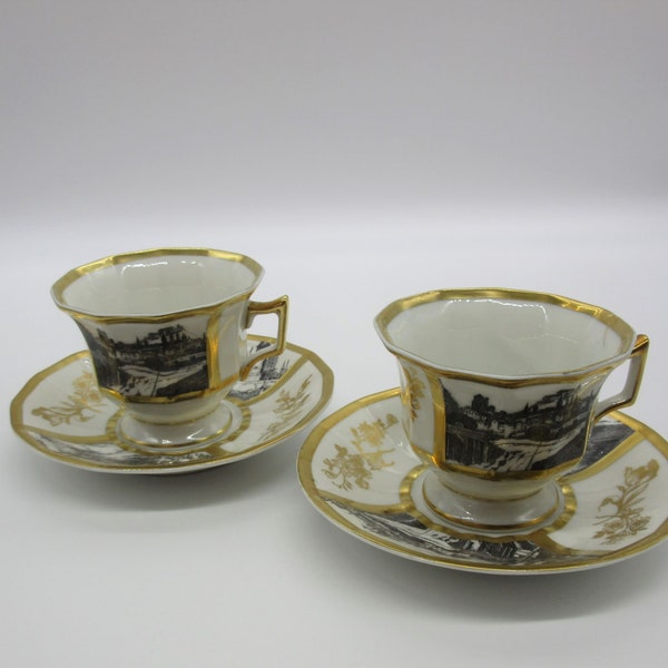 Set of 2 Antique Robert Haviland et Le Tanneur T & V Limoges Tea Cup w Saucer, Empire Decor