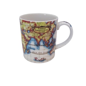 May include: White ceramic mug featuring a vintage world map design with blue oceans and yellow and brown continents. The mug has a curved handle and the text "Cardews Terrestrial Globe" is visible.