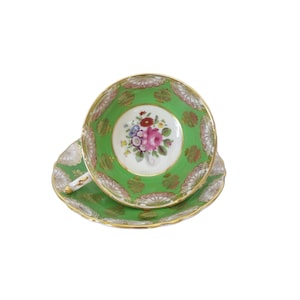 Vintage Paragon Bone China Tea Cup & Saucer: Green, Gold, Pink Rose