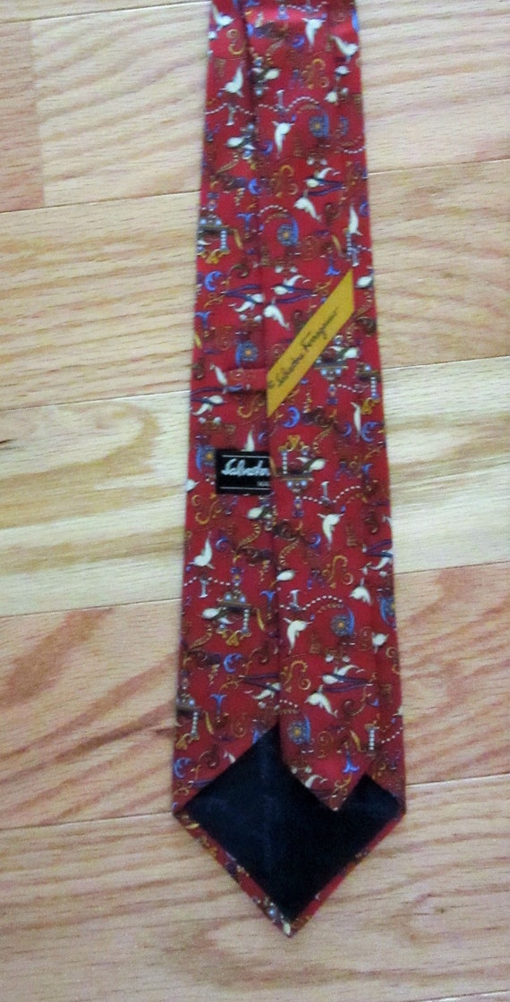 Vintage Salvatore Ferragamo Silk Tie, Red w White… - image 5