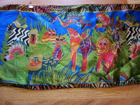 Vintage Laurel Burch Silk Scarf with Cats and Bir… - image 3
