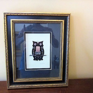 1970&#39;s Girard Wood Framed Watch Parts &quot;Owl&quot; Picture under Glass