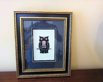 1970's Girard Wood Framed Watch Parts "Owl" Picture under Glass