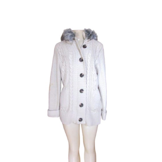 Y2K Michelle Nicole Beige Chunky Knit Full Zip Button Faux Fur