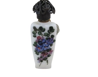 Vintage French Pomme DAmour Mini White Floral Milk Glass Perfume Bottle With Ornate Cap