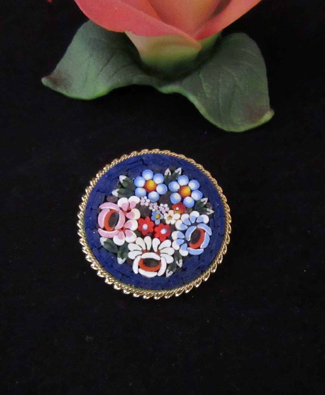 Broche Ronde Micro-mosaïque Italienne Vintage - Orange Métal - Bijou Ancien