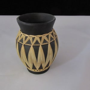 Vintage 50s Gmundner Keramik Austria Raffia Wrapped Black Vase