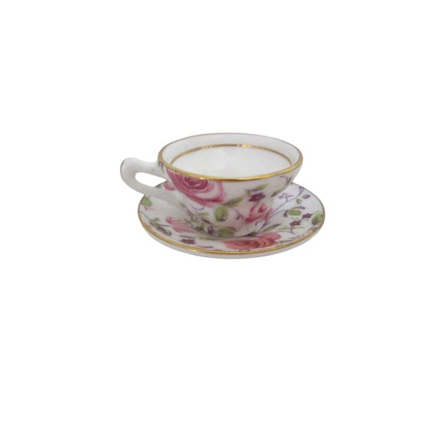 Vintage Miniature Rosina Chintz Style Bone China Small Teacup w Saucer, Pink Roses