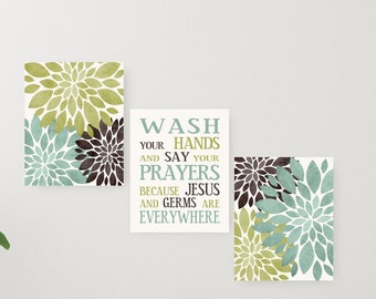 GREEN BROWN LIME, Wash Your Hands Bathroom Wall Decor,  Wall Art Set, Quote Jesus and Germs Artwork Set of Three with Flowers