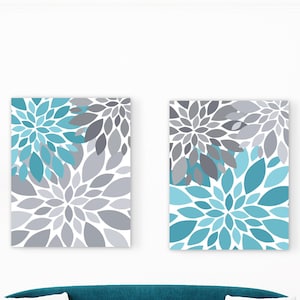 CANVAS ART or PRINTS Turquoise & Gray Flower Burst Wall Art Abstract Botanical Print Set of 2 Home Decor Nursery Art, Bathroom Art Aqua Teal