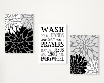 Bathroom Decor Black & White, Wash Your Hands - Germs Jesus Everywhere, Set of 3 with Flowers Wall Art, Canvas or Prints Home Decor