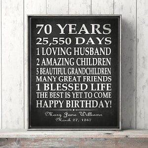 70. GEBURTSTAGS-POSTER Party Geschenk Personalisierter 70 Geburtstagsdruck Over the Hill Bester Freund Banner Schwarzer beunruhigter Leinwanddruck