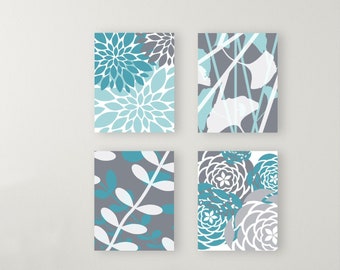 GRAY TURQUOISE Flowers Wall Decor Set of 4 - Floral Botanical Large Artwork - Prints or Canvas - Bedroom Bathroom